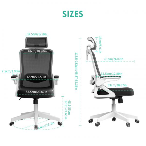 Office Chair, S-Shaped Ergonomic Mesh Desk Chair, Adjustable Headrest & Height, Widened Cushion, 90°Flip-Up Armrest, Hassle-Free Assembly & Storage, Home/Office/Bedroom Computer Chair with 360° Casters
