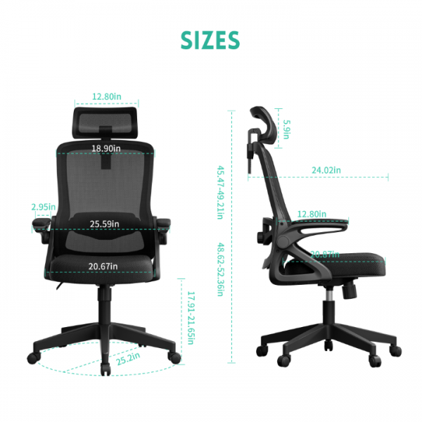 Office Chair, S-Shaped Ergonomic Mesh Desk Chair, Adjustable Headrest & Height, Widened Cushion, 90°Flip-Up Armrest, Hassle-Free Assembly & Storage, Home/Office/Bedroom Computer Chair with 360° Casters