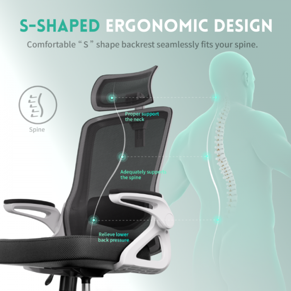 Office Chair, S-Shaped Ergonomic Mesh Desk Chair, Adjustable Headrest & Height, Widened Cushion, 90°Flip-Up Armrest, Hassle-Free Assembly & Storage, Home/Office/Bedroom Computer Chair with 360° Casters