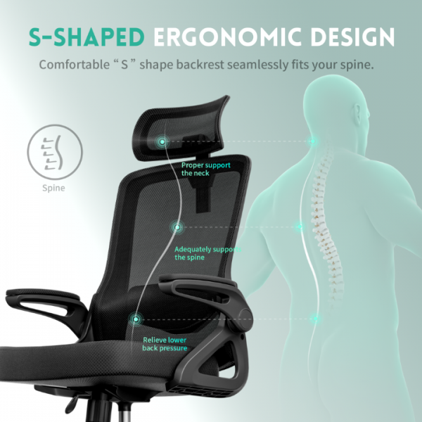 Office Chair, S-Shaped Ergonomic Mesh Desk Chair, Adjustable Headrest & Height, Widened Cushion, 90°Flip-Up Armrest, Hassle-Free Assembly & Storage, Home/Office/Bedroom Computer Chair with 360° Casters